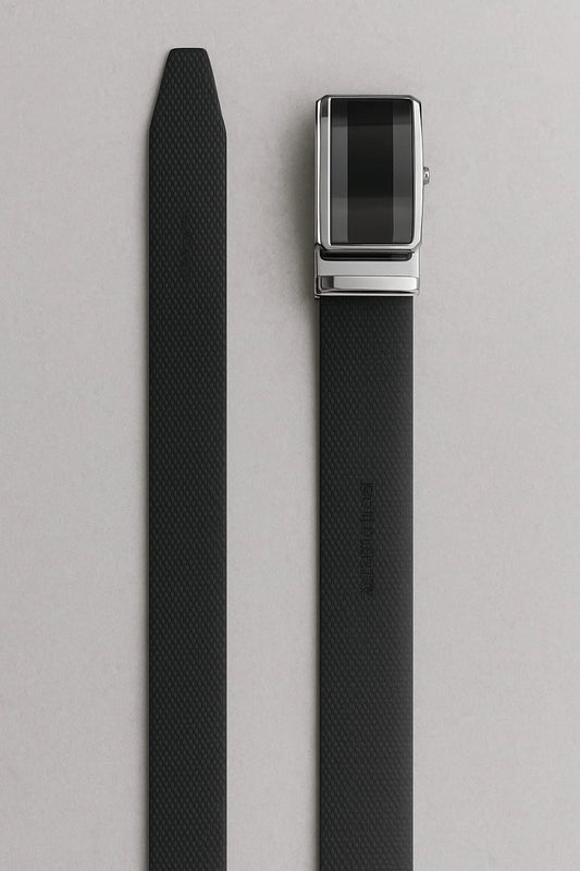 Black belt with silver buckle on a light gray background