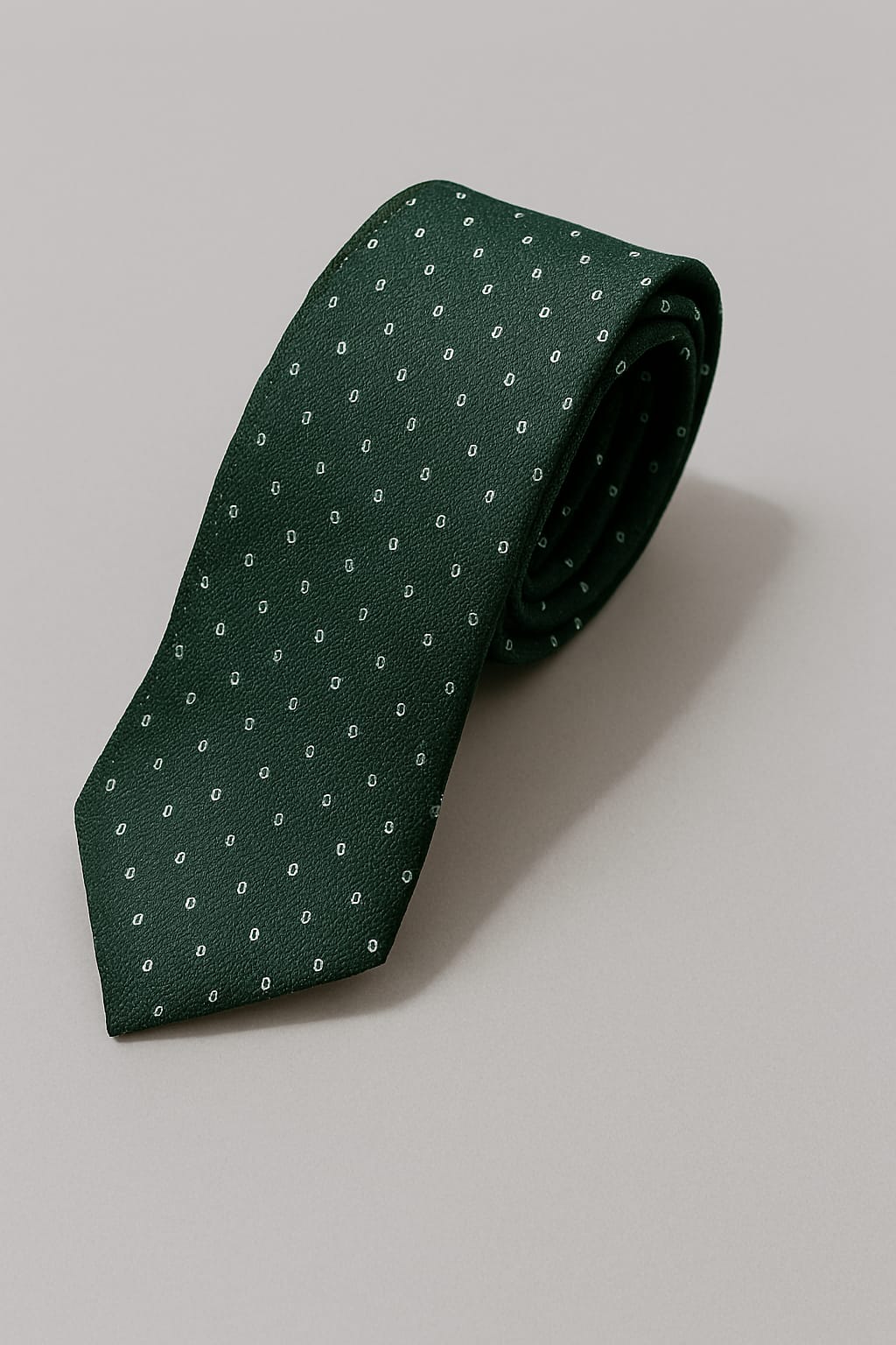 Green patterned tie on a light gray background