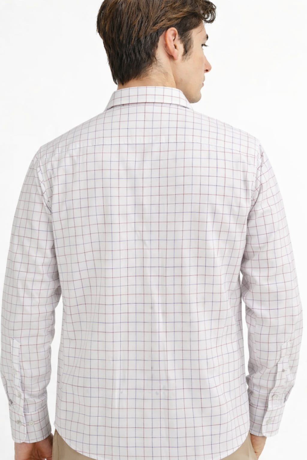 Person wearing a checkered shirt from behind on a white background