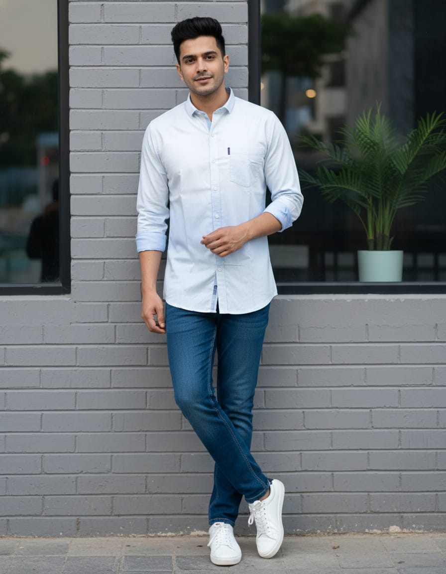 Man wearing a light blue shirt and jeans standing against a gray brick wall.