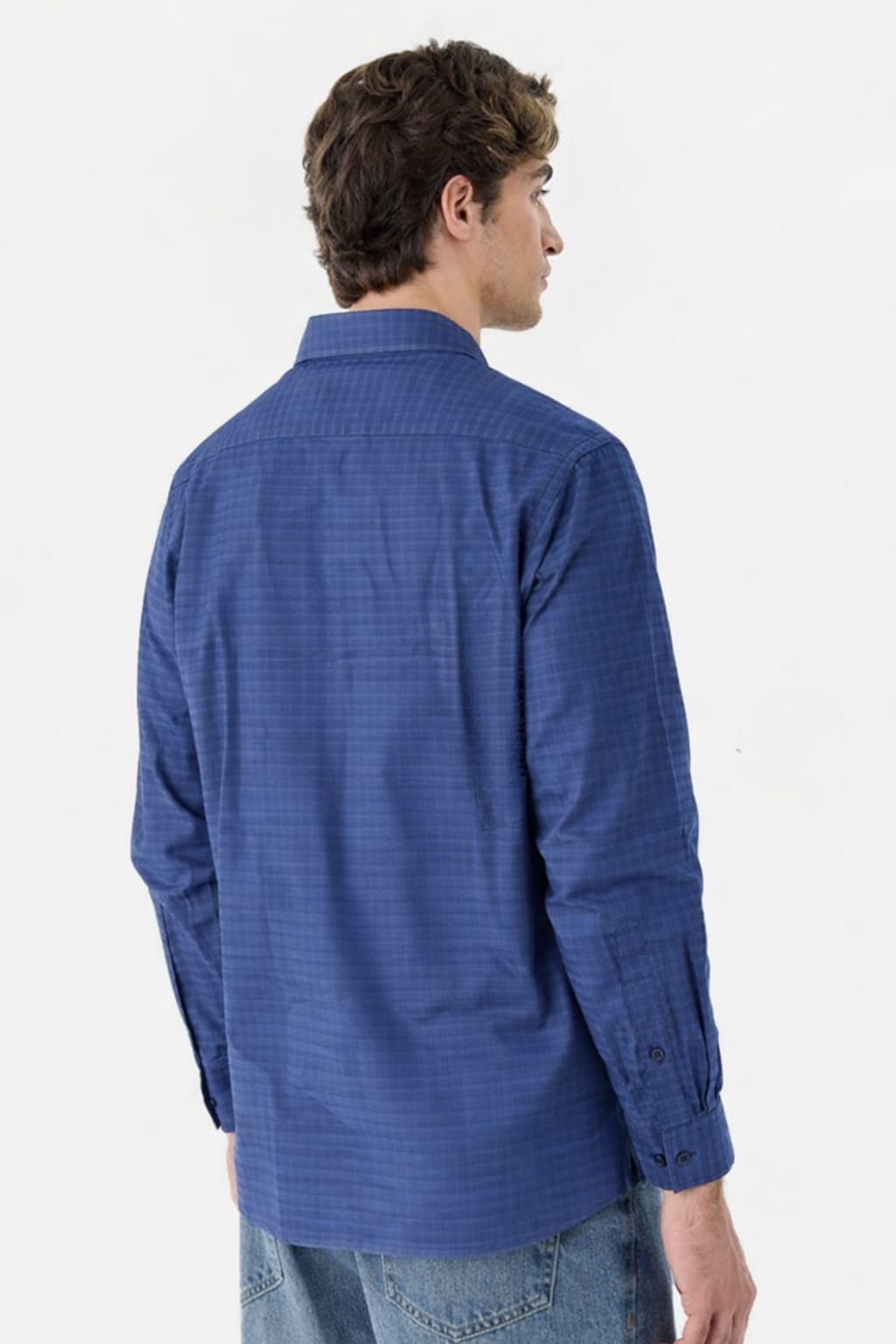 Person wearing a blue checkered shirt on a white background