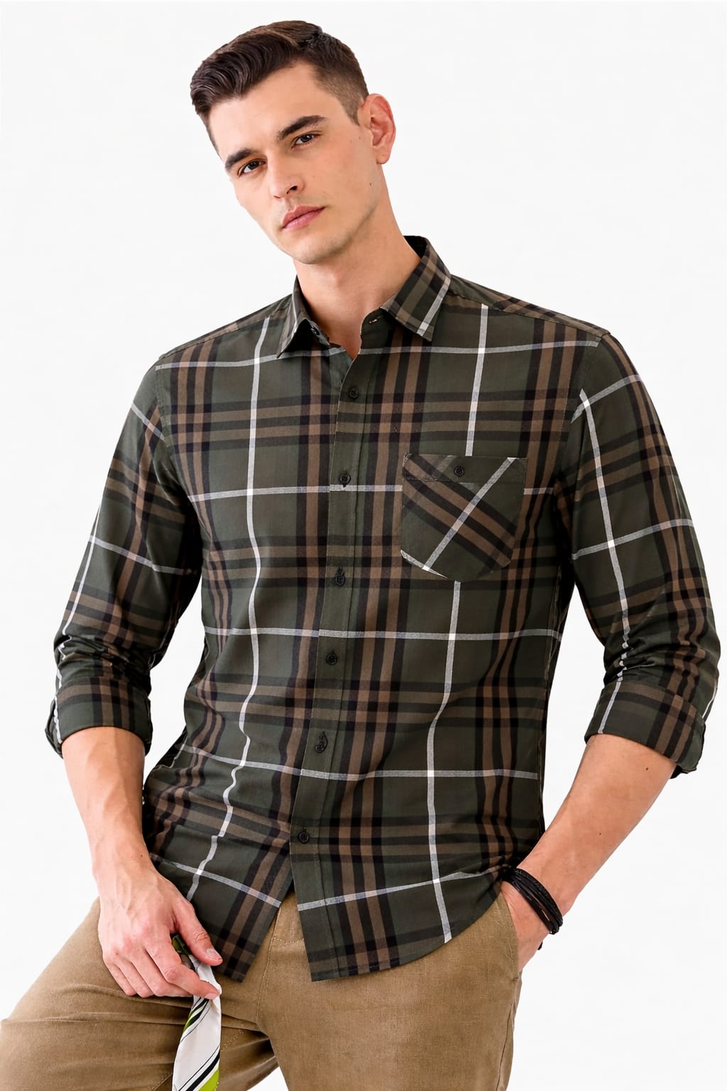 Man wearing a plaid shirt on a white background