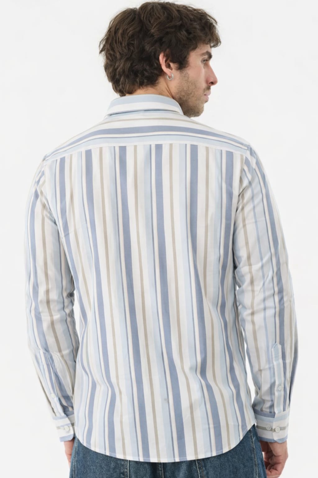 Man wearing a striped shirt on a white background