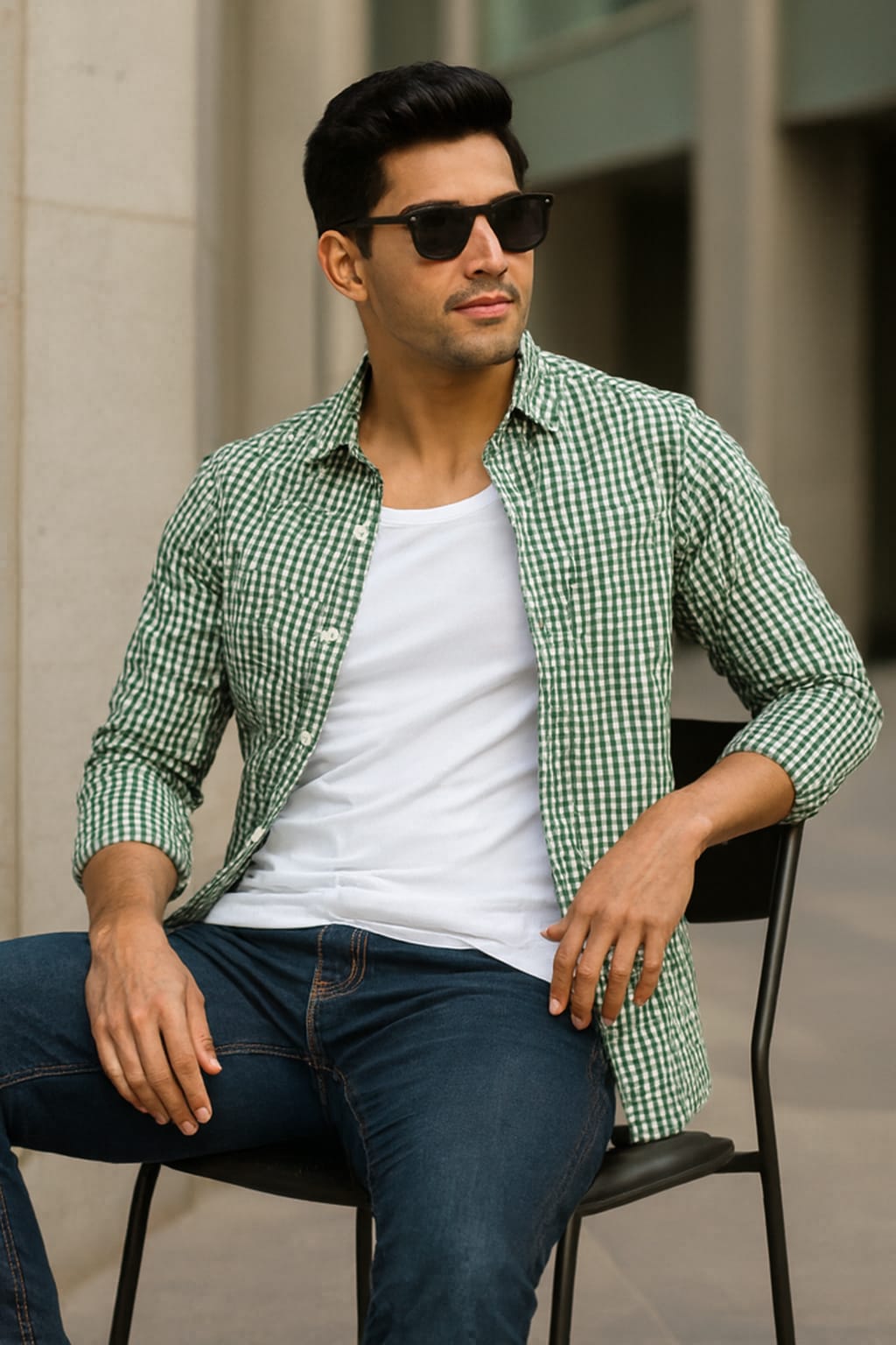 Man wearing a green checkered shirt over a white t-shirt, sitting outdoors.