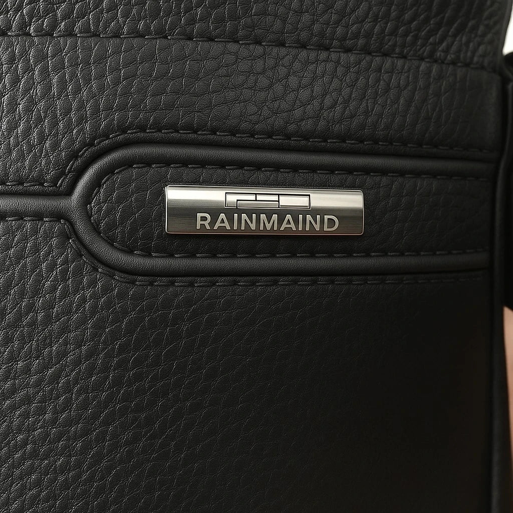 Close-up of a black leather bag with 'RAINMAIND' branding.