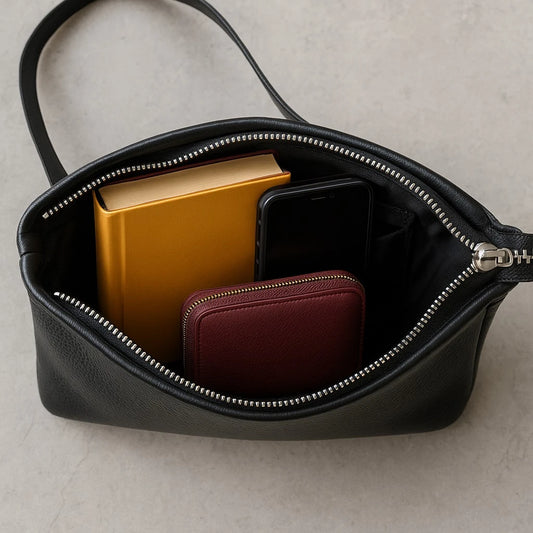 Black handbag with gold book, black phone, and red wallet on a beige background