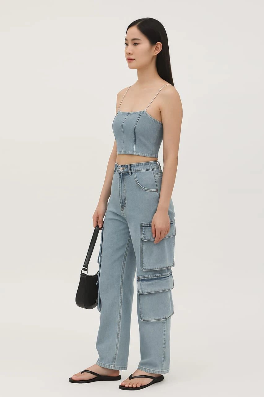 Woman wearing a light blue strap top and cargo pants holding a black bag on a white background