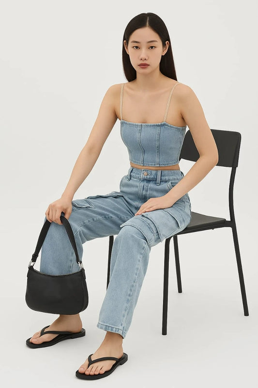 Woman sitting on a chair wearing a denim outfit with a black handbag.