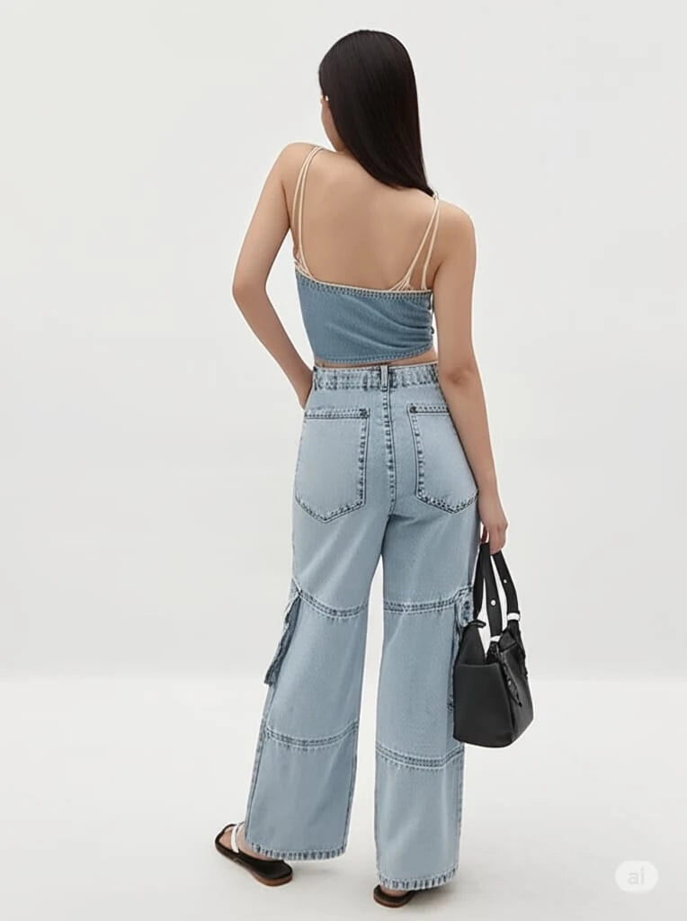 Woman wearing a light blue denim outfit with wide-leg pants on a white background