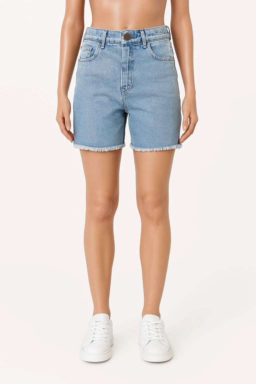 Light blue denim shorts worn by a person on a white background