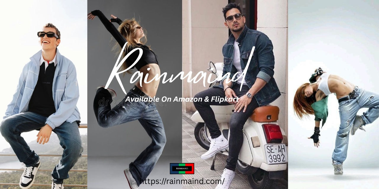Promotional banner for Rainmaid clothing with models in various poses and text overlay.