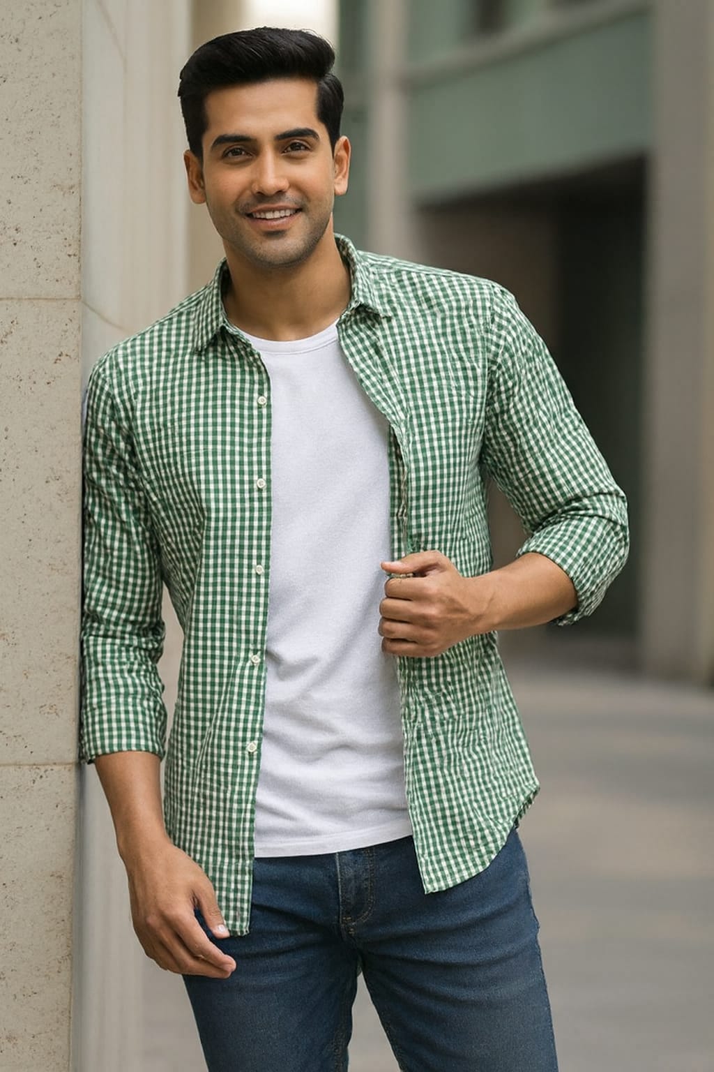 Man wearing a green checkered shirt over a white t-shirt, standing against a neutral wall.