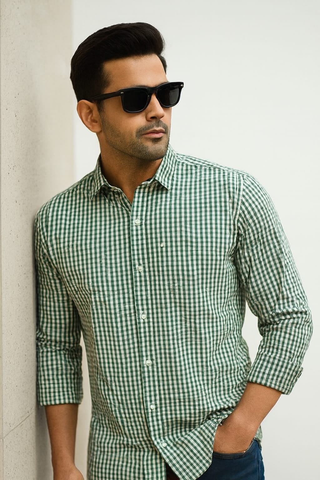 Man wearing a green checkered shirt and sunglasses against a white wall