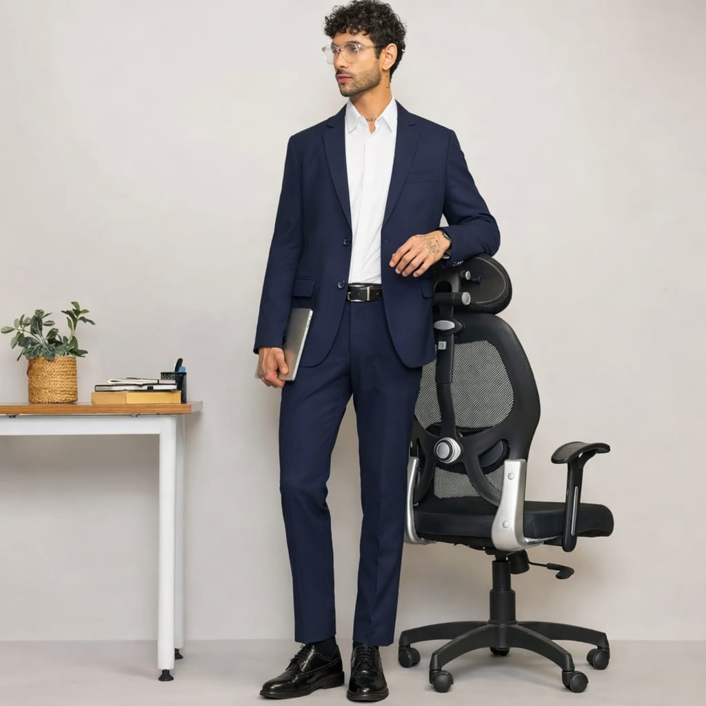 Man in a navy suit standing next to an office chair in a minimalistic office setting