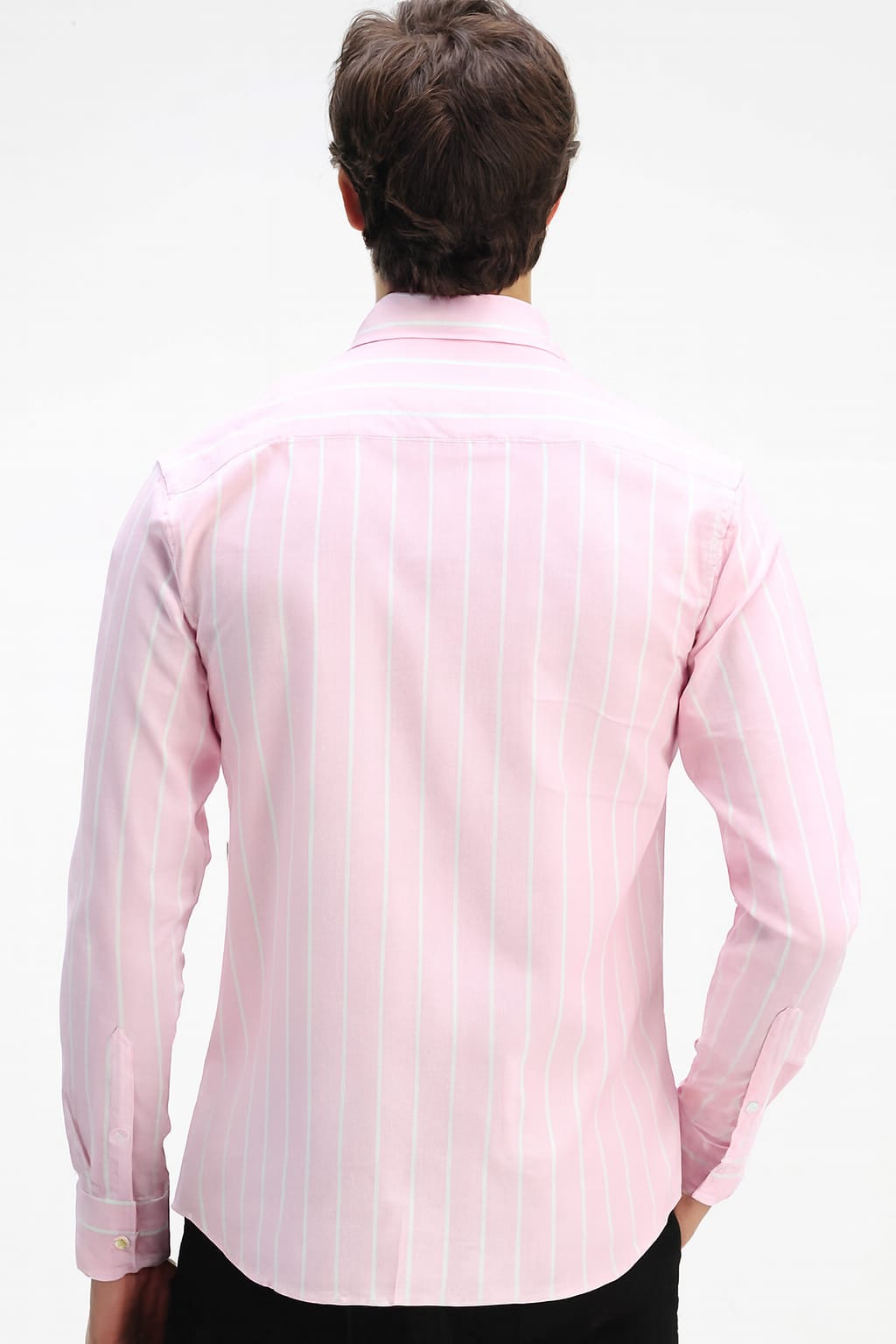 Person wearing a light pink striped shirt on a white background