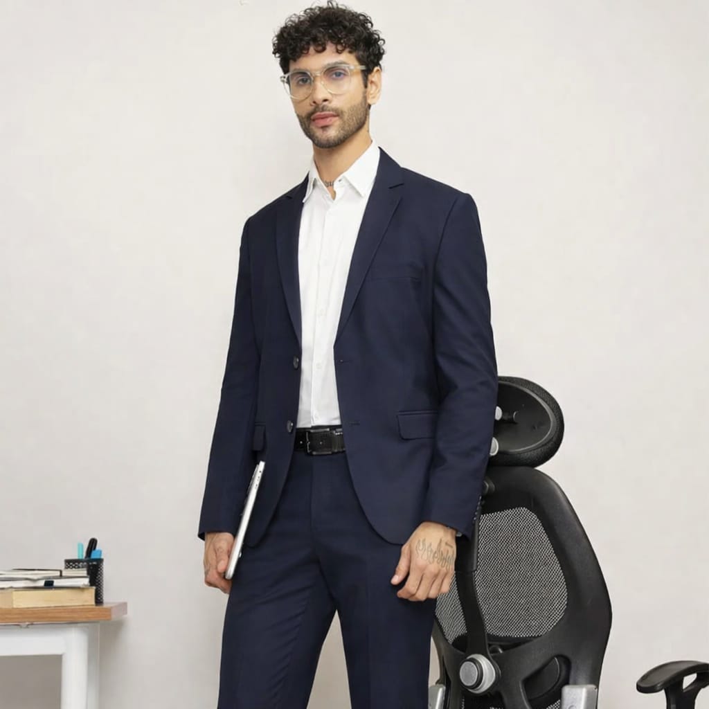 Man in a navy suit standing next to a black office chair against a plain background