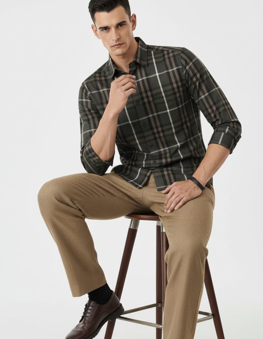 Man sitting on a stool wearing a plaid shirt and beige pants against a white background