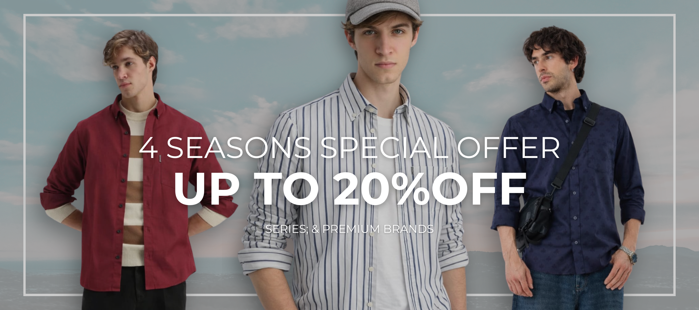 Three men wearing jackets with a promotional text overlay for a 4 Seasons special offer.