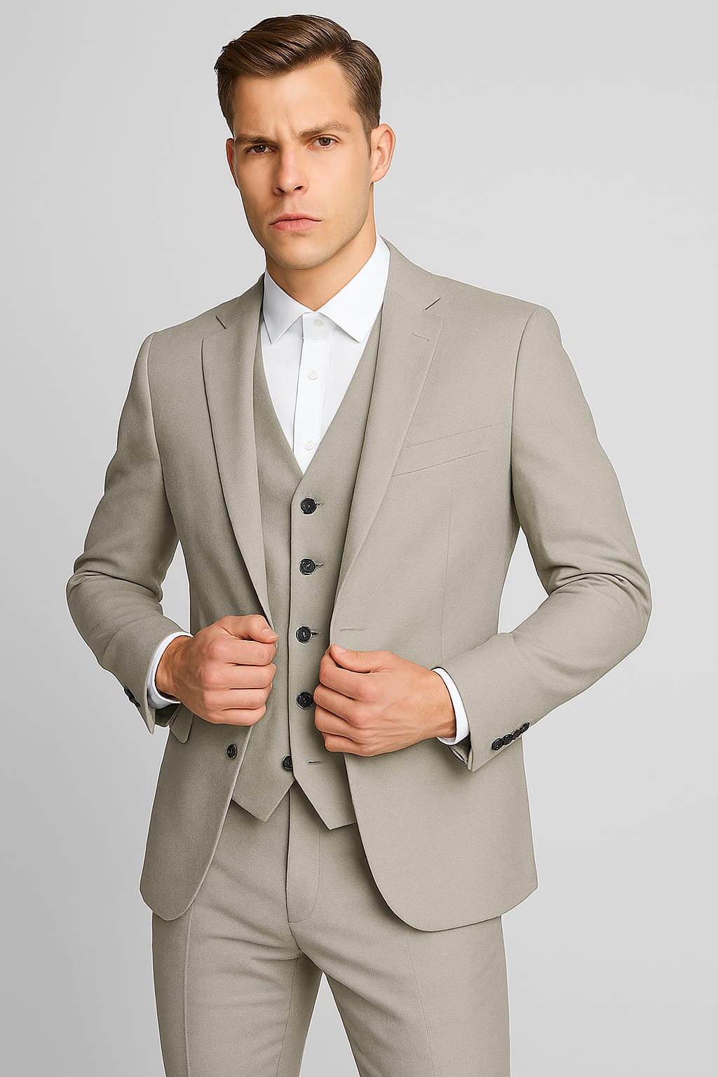 Man wearing a light gray suit with a white shirt on a plain background