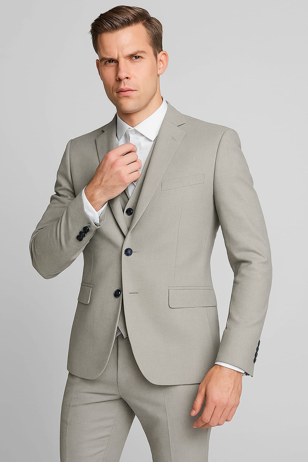 Man wearing a light gray suit with a white shirt on a plain background