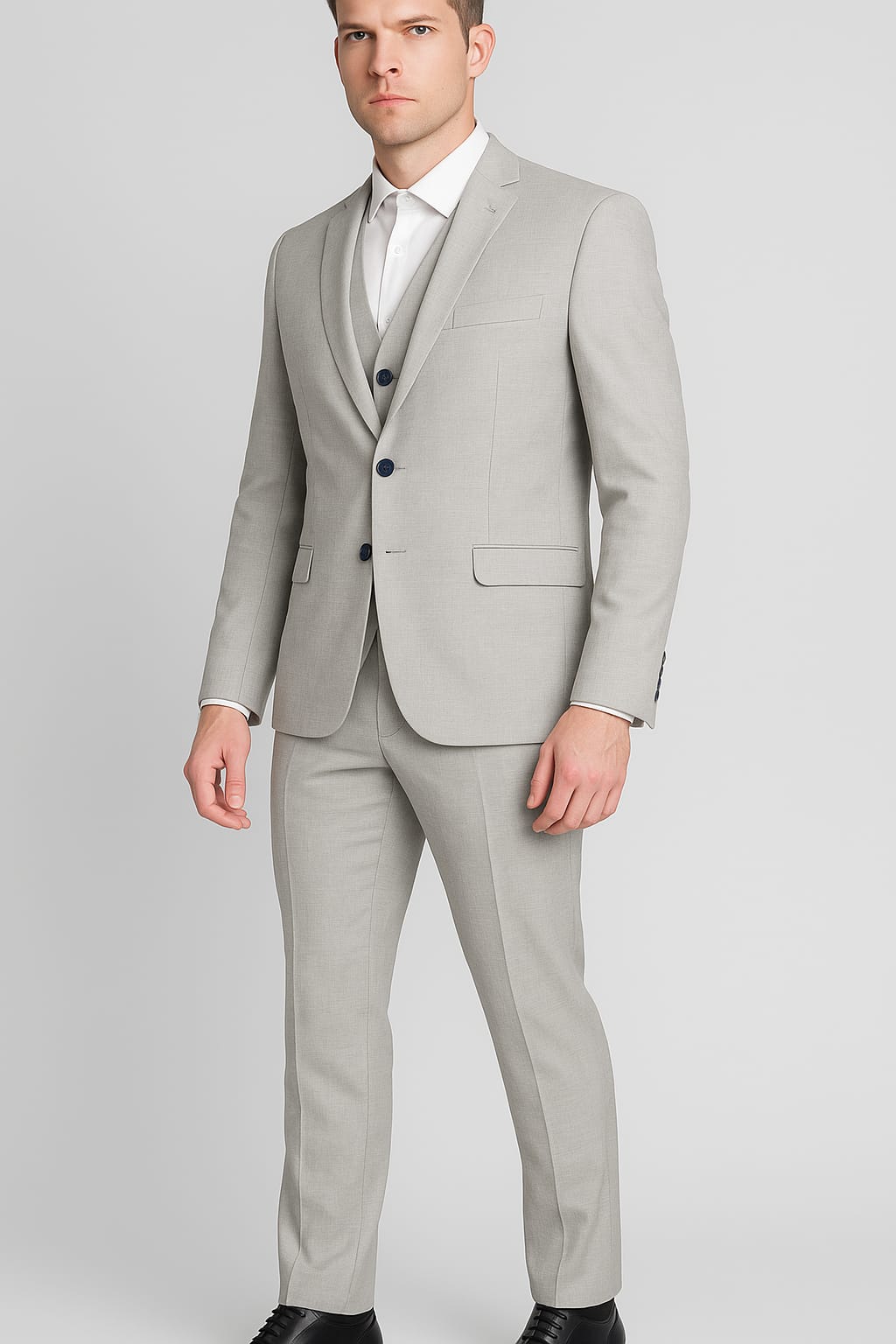 Man wearing a light gray suit with a white shirt on a plain background