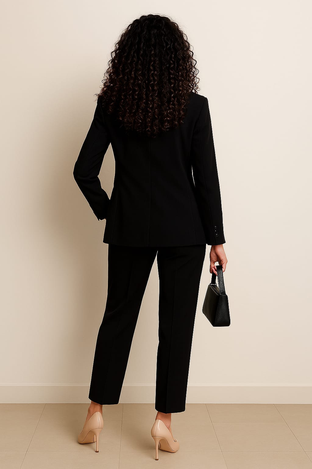 Person wearing a black suit holding a black handbag against a beige wall.