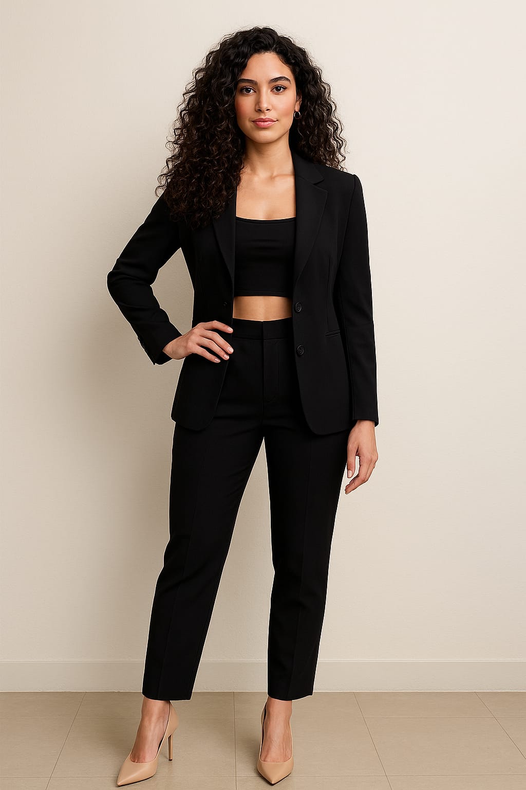 Woman wearing a black suit with beige heels against a plain background