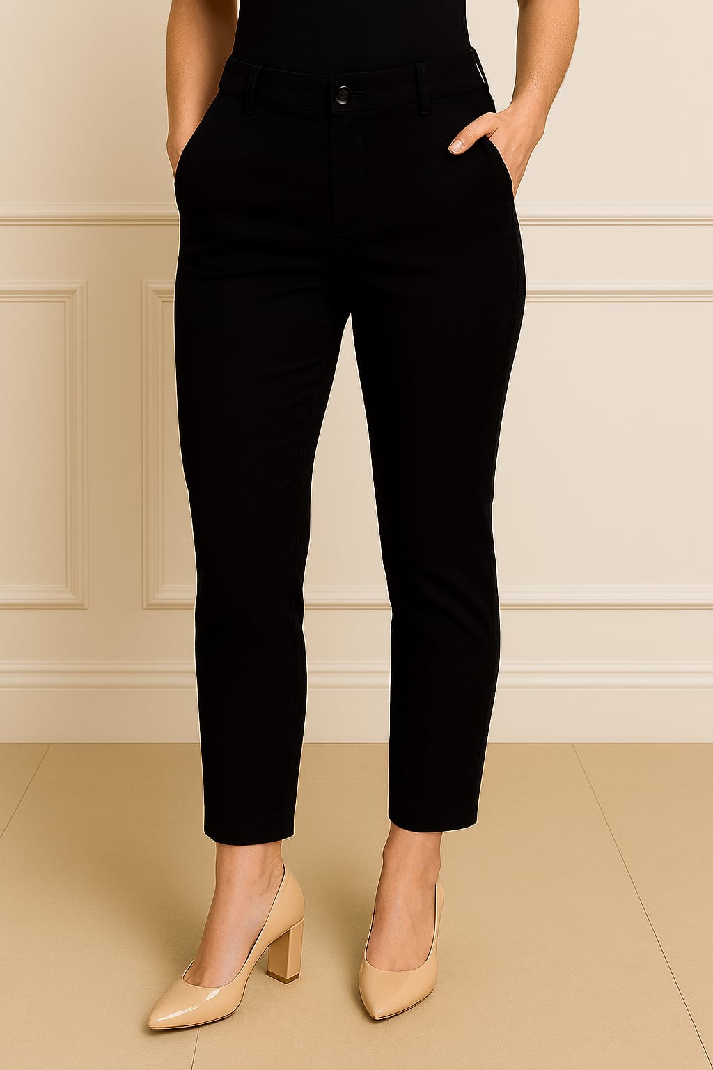 Person wearing black pants and beige heels against a neutral background