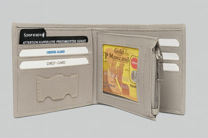 Open beige wallet showing card slots and a visible brand label on a light gray background