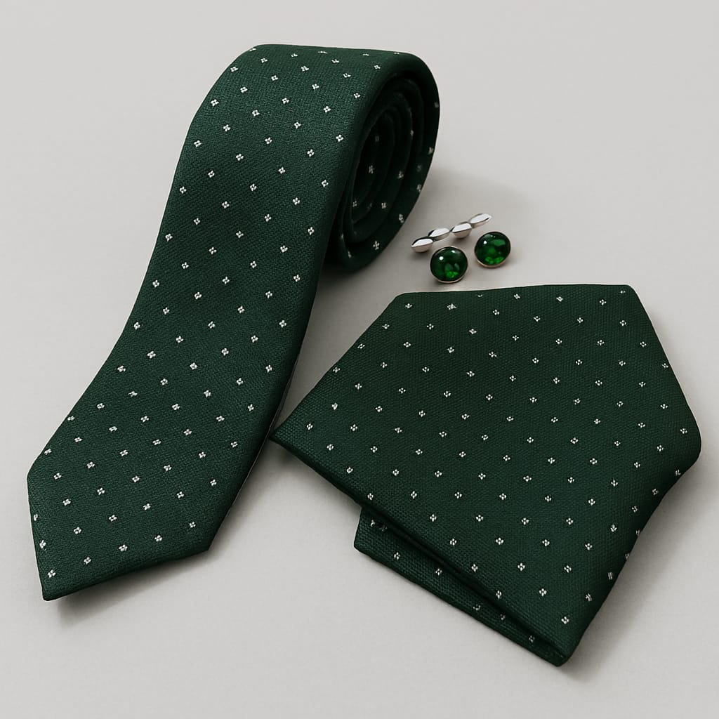 Green patterned tie, pocket square, and cufflinks on a light gray background