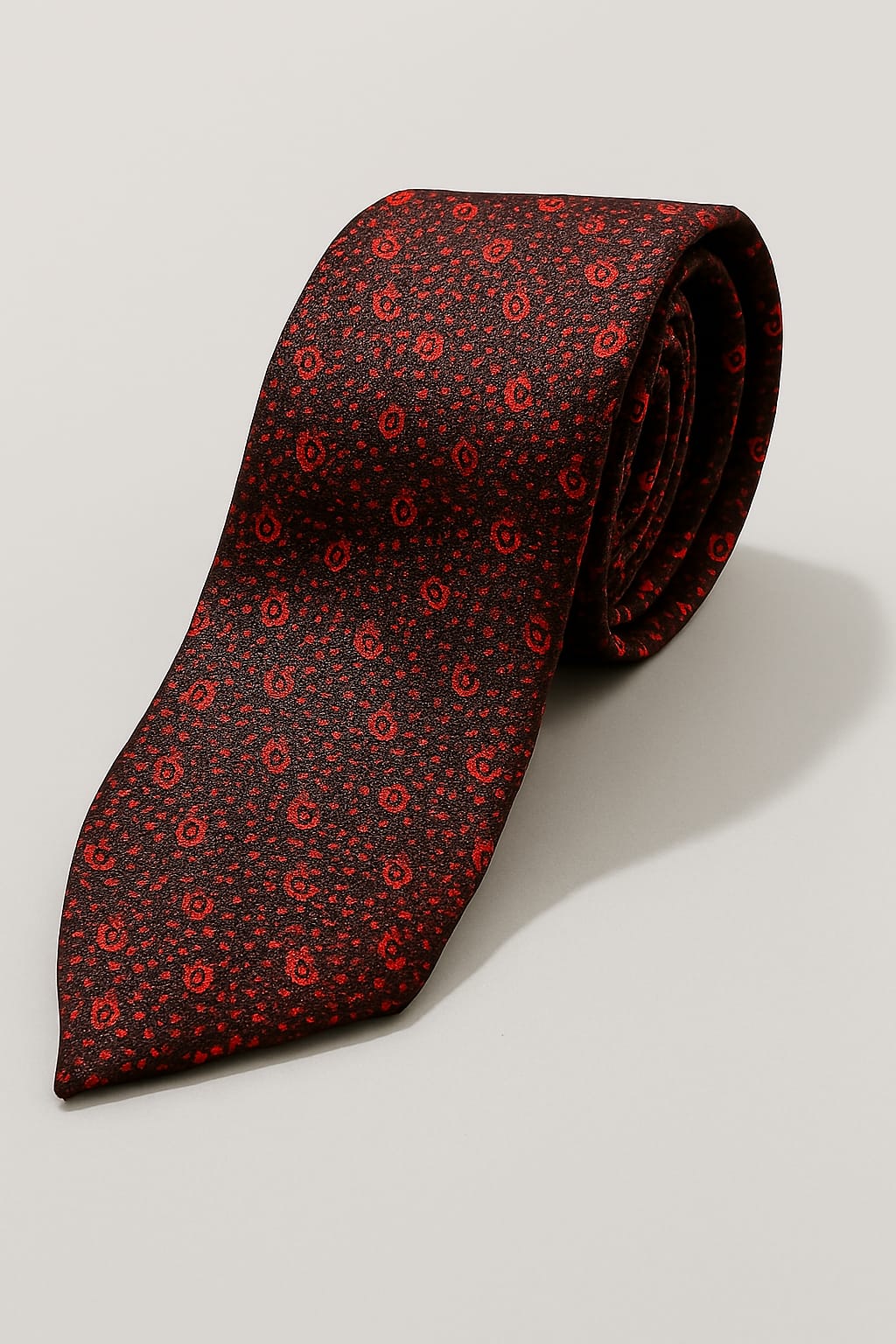 Red patterned tie on a light gray background