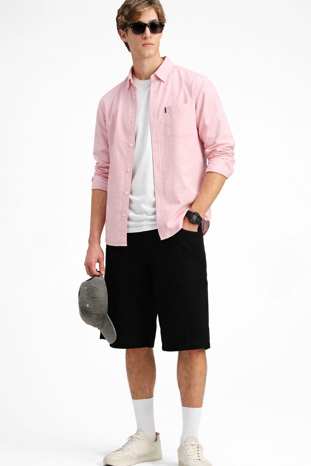 Man wearing a pink shirt, black shorts, and sunglasses on a white background
