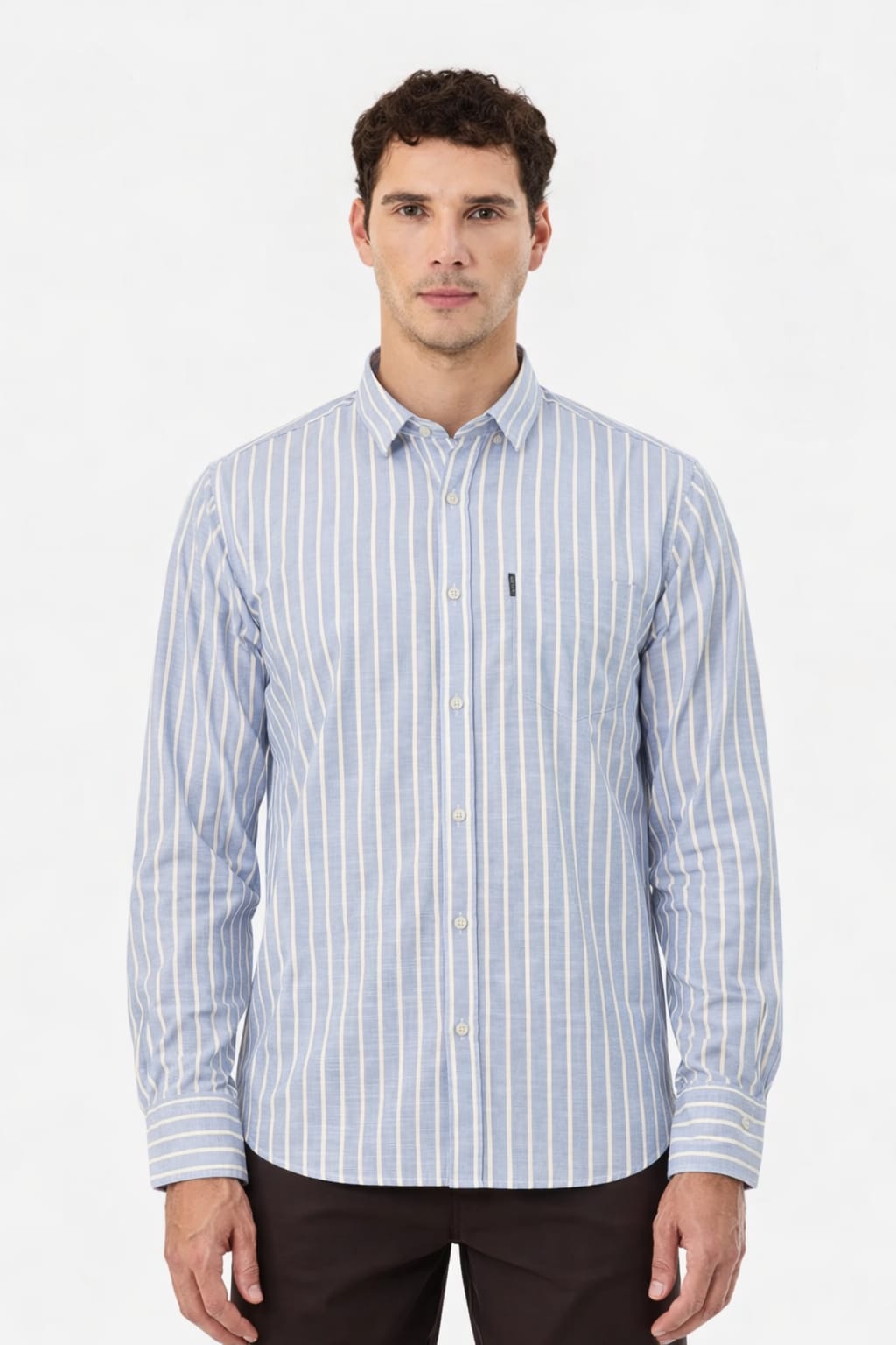 Man wearing a blue and white striped shirt on a white background