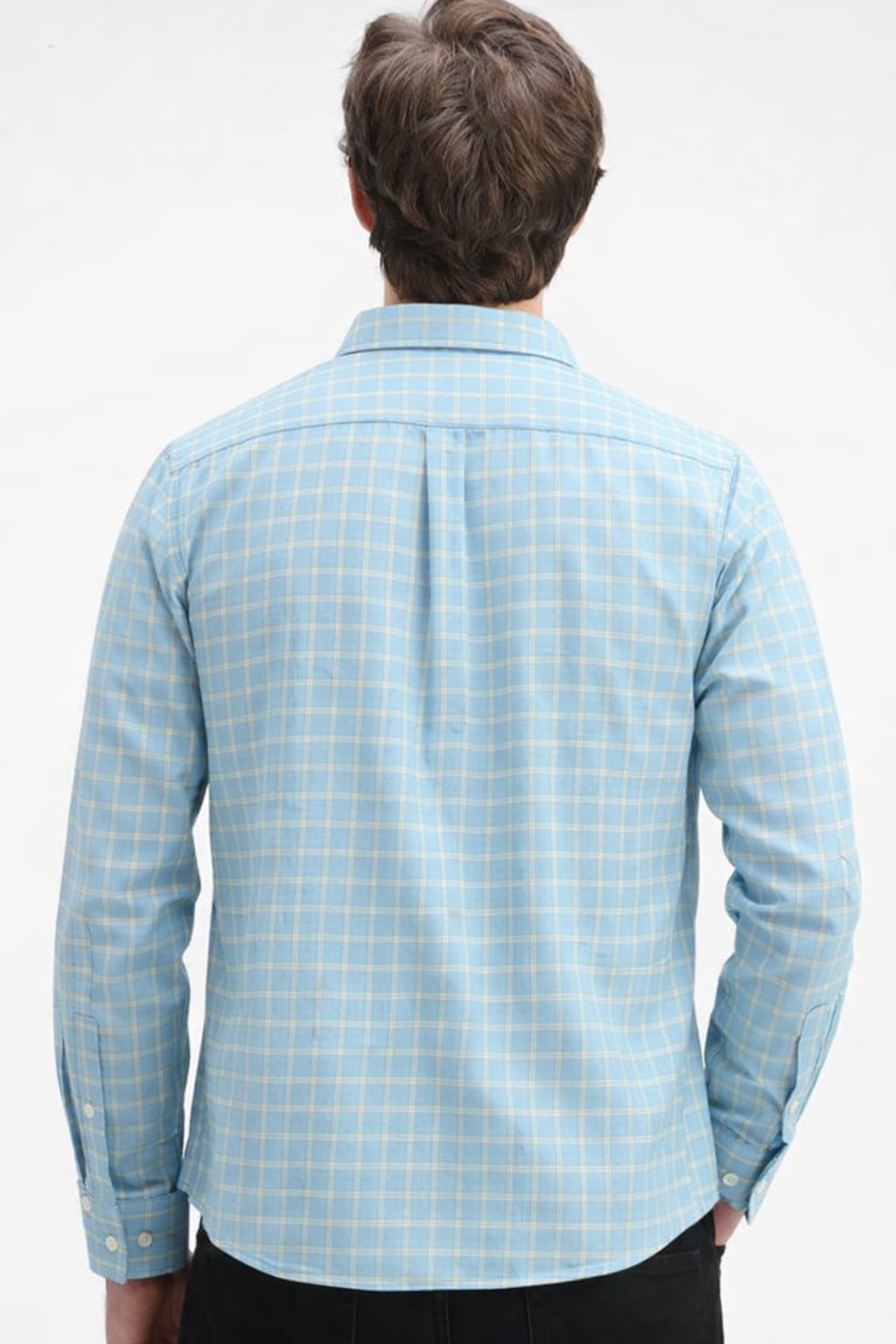 Person wearing a light blue checkered shirt on a white background