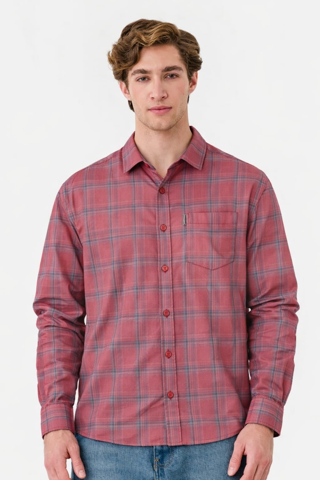 Man wearing a red plaid shirt against a white background