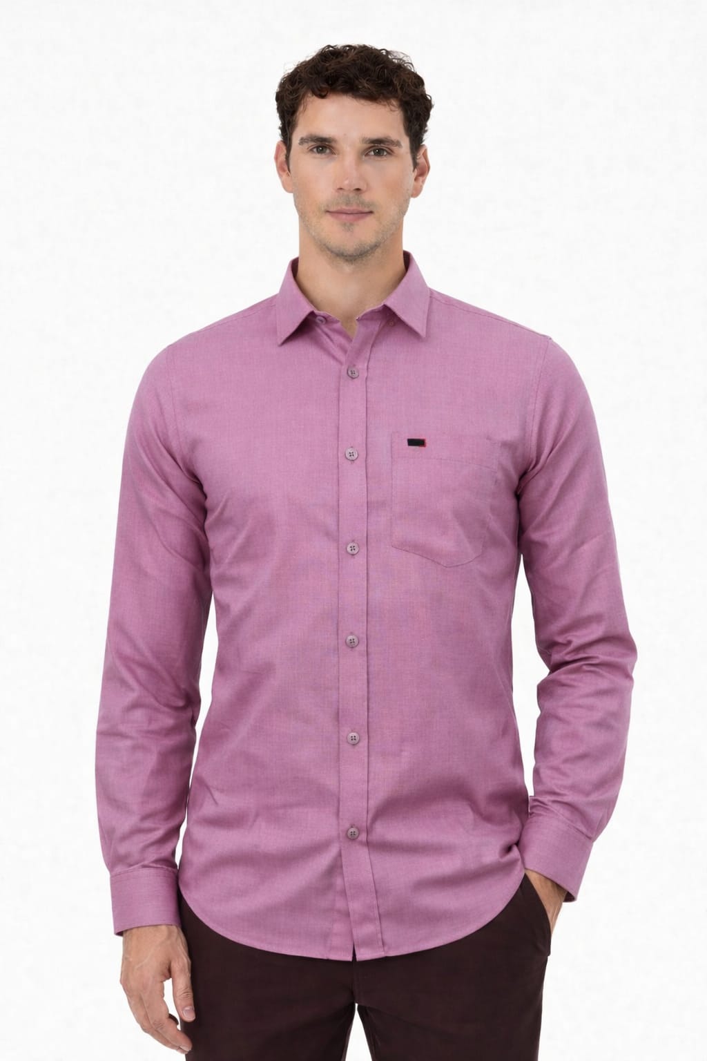 Man wearing a purple button-up shirt on a white background