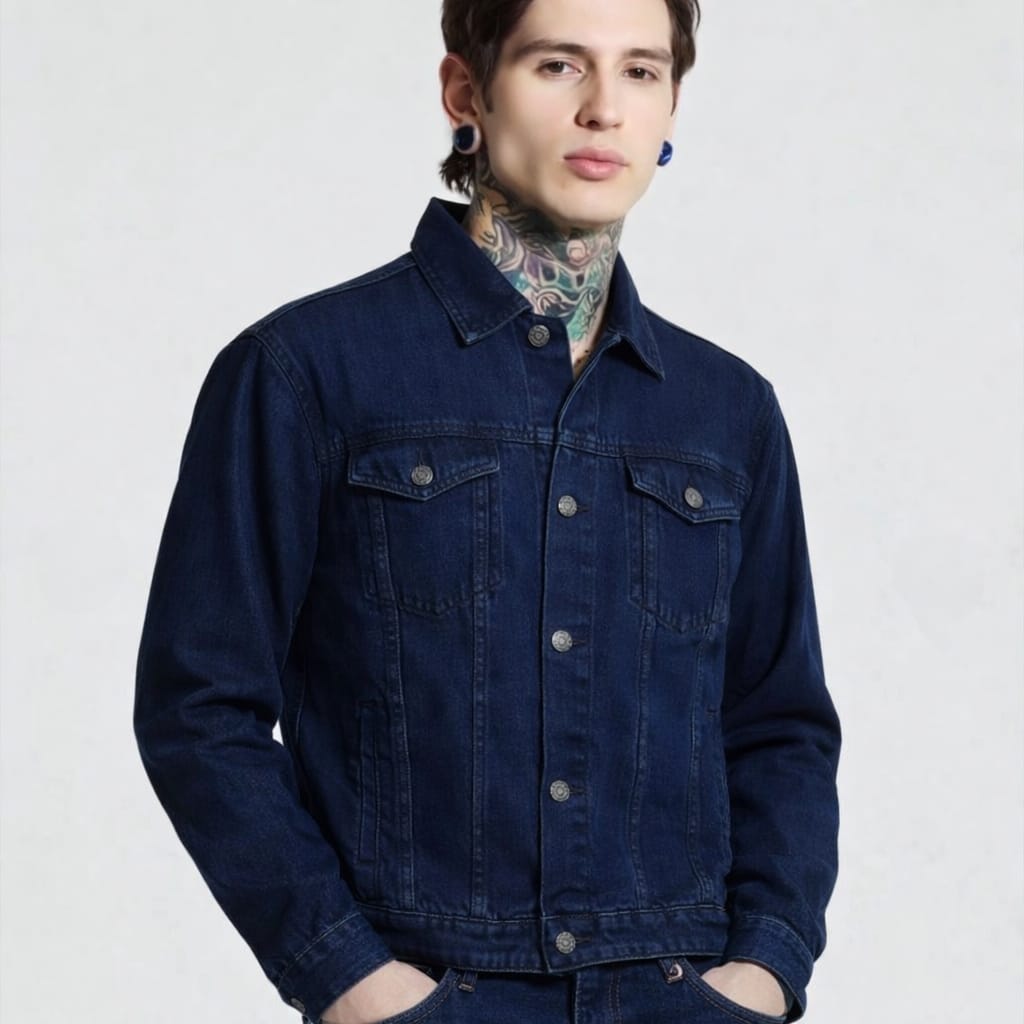Person wearing a blue denim jacket on a white background