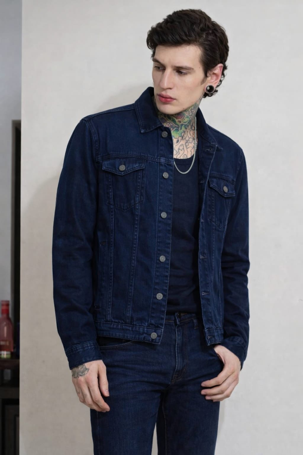Man wearing a dark blue denim jacket and pants against a plain background