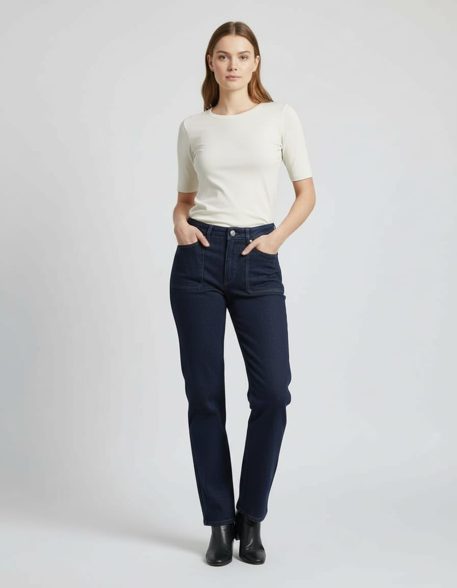 Woman wearing navy blue jeans and a white top on a light gray background