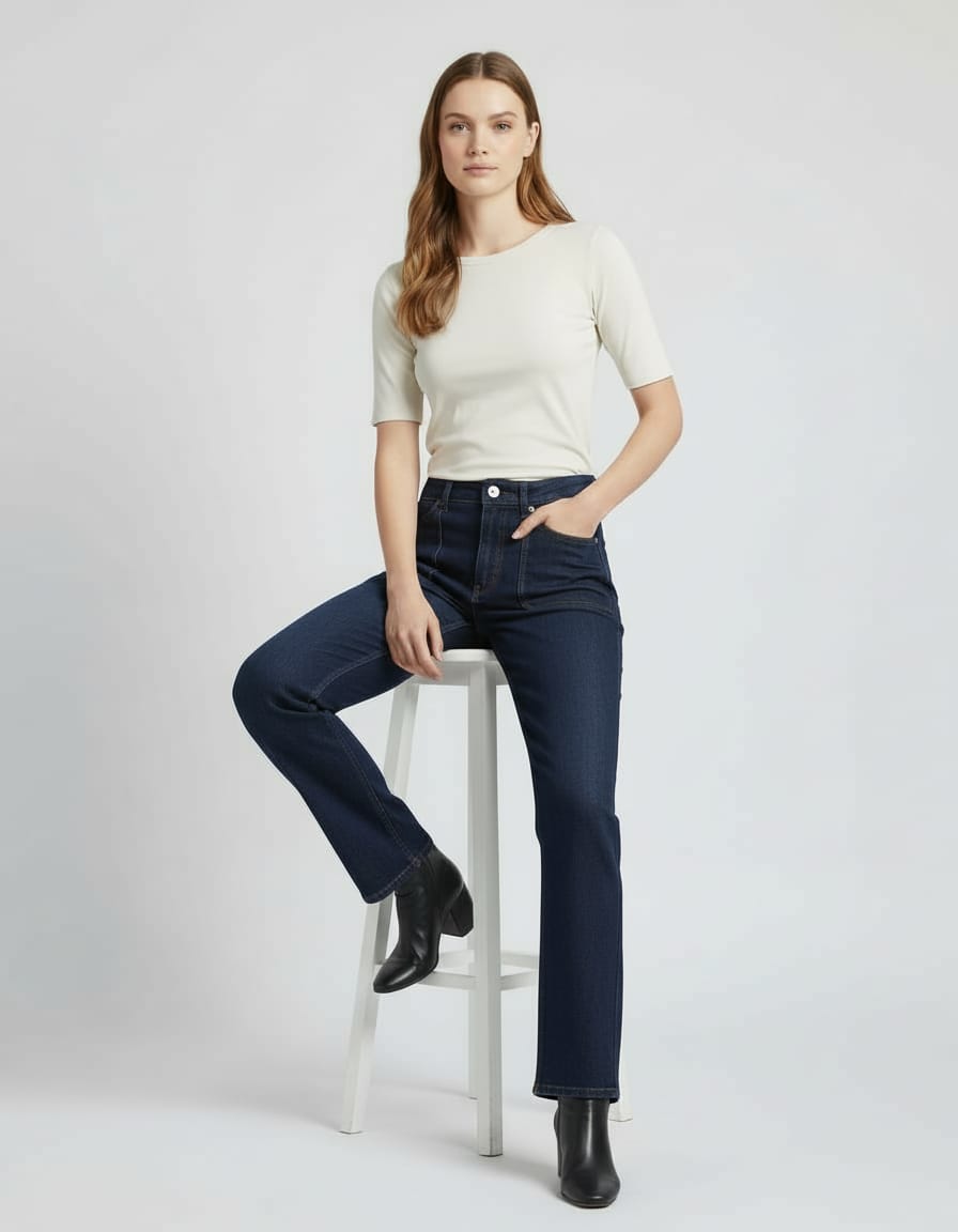 Woman wearing a white top and dark blue jeans sitting on a white stool against a light gray background