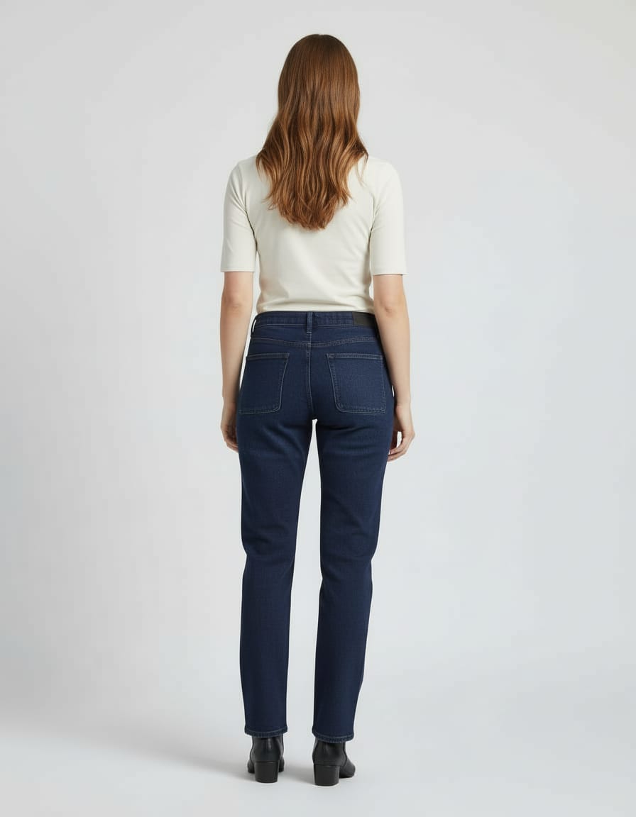 Person wearing dark blue jeans and a white top on a light gray background