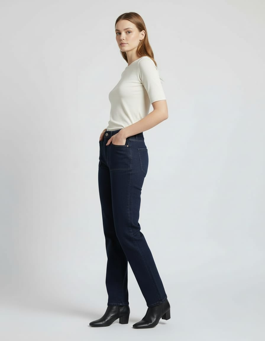 Woman wearing a white top and dark blue jeans on a light gray background