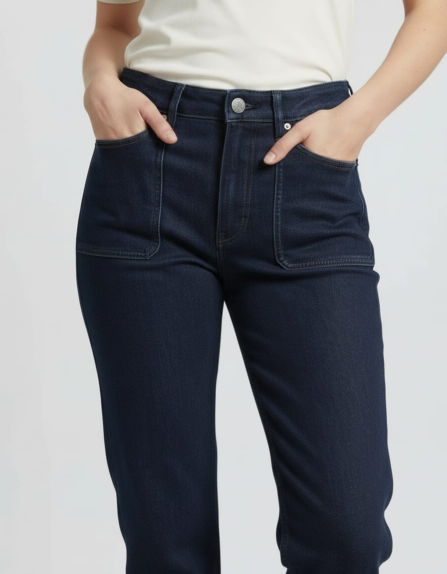 Person wearing dark blue jeans on a plain background