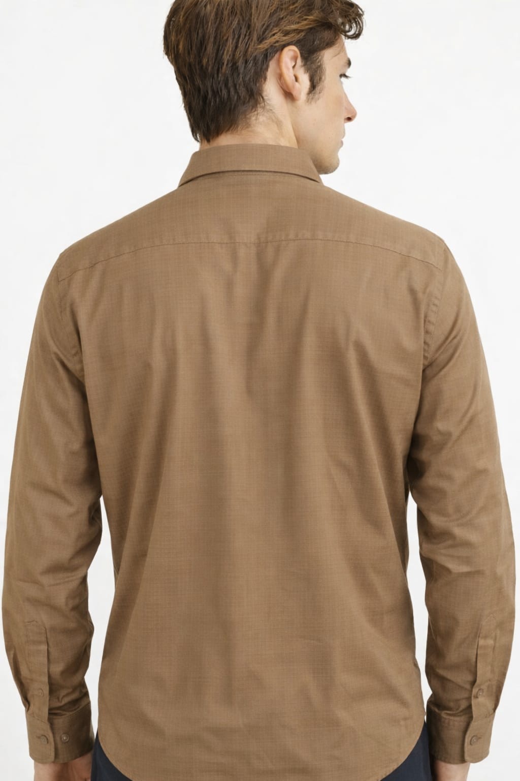 Man wearing a brown shirt on a white background