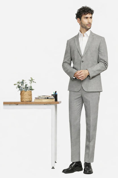 Man in a gray suit standing next to a desk with a plant on a white background