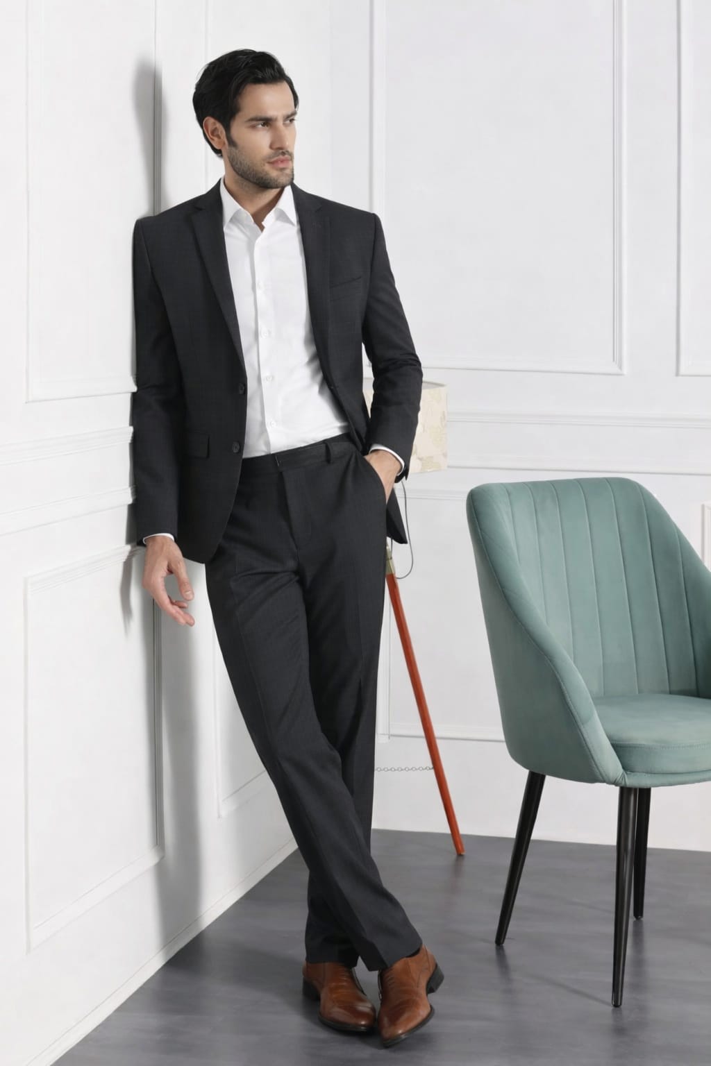 Man in a black suit standing against a white paneled wall with a teal chair.