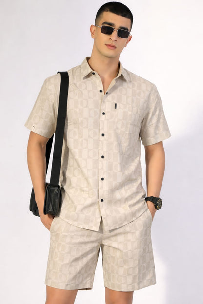 Solmera Beige Cotton Stripe Co-Ord  Half Trousers Set