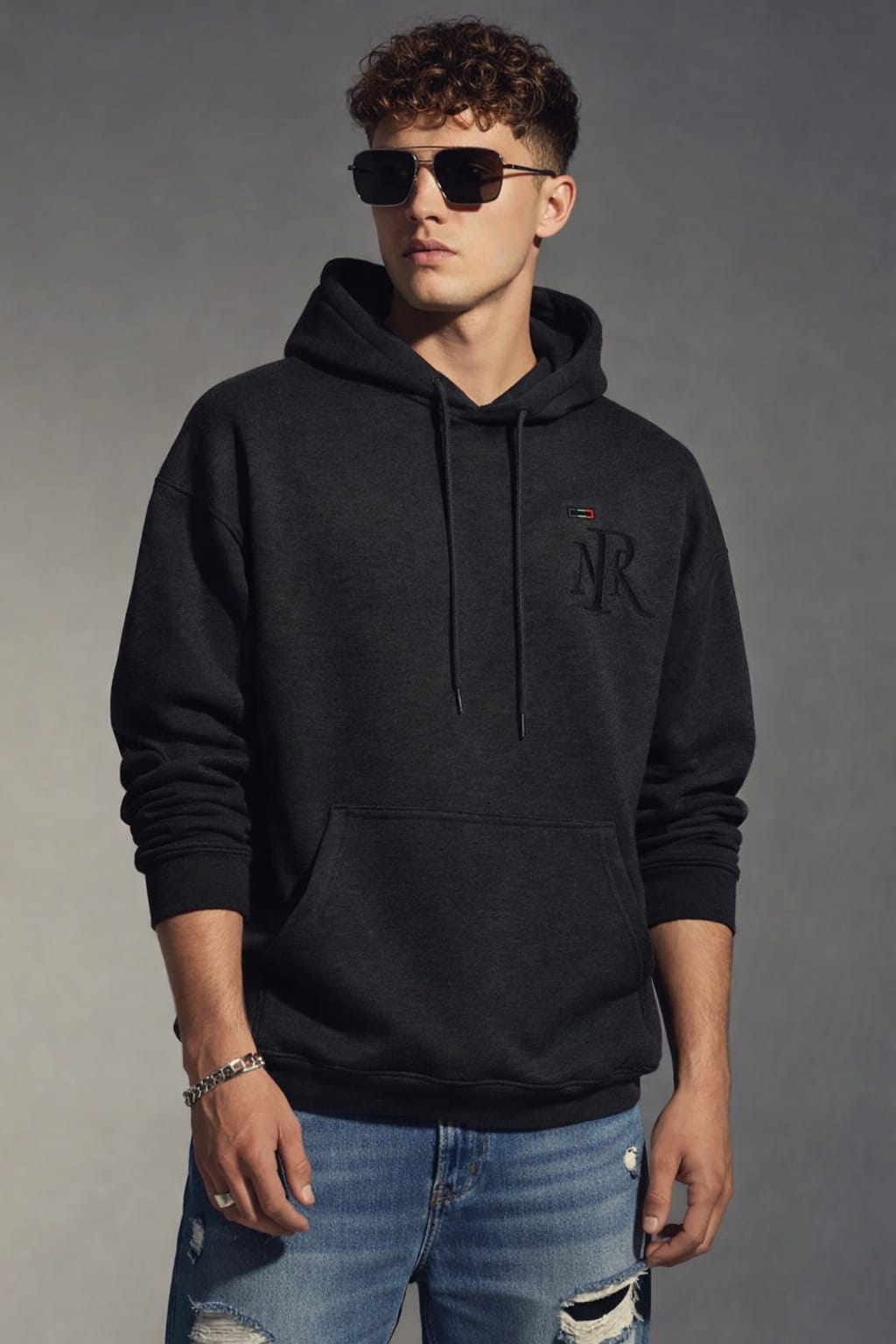 Man wearing a black hoodie with a logo and sunglasses, standing against a gray background