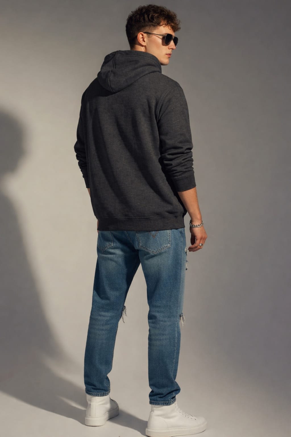 Man wearing a dark hoodie, blue jeans, and white sneakers against a gray background