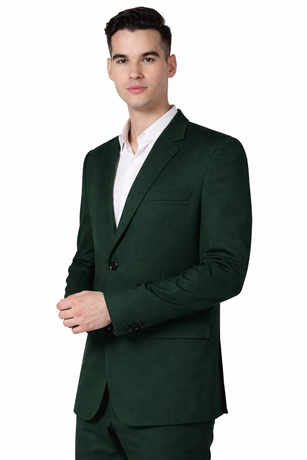 Man wearing a dark green suit with a white shirt on a white background